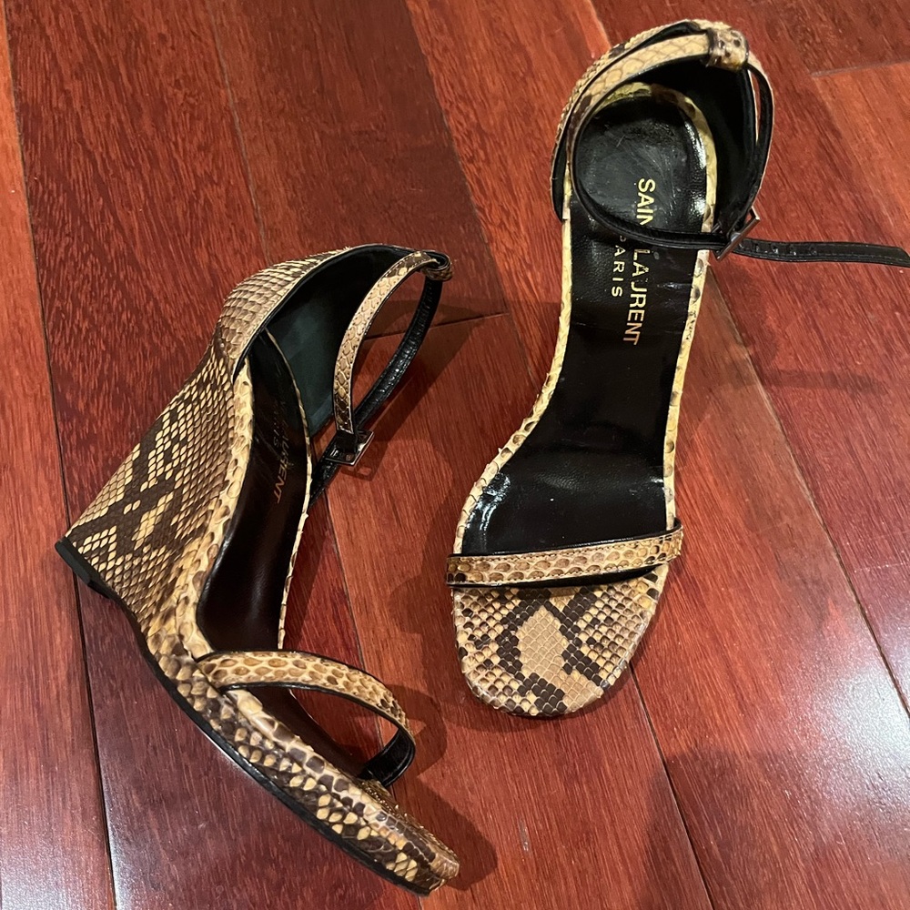 Saint Laurent | Jane Python Wedge Sandals 105 mm Tan Brown Size 35 - Picture 2 of 6